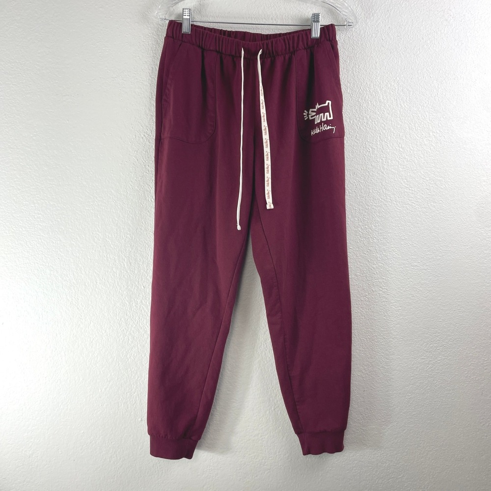 Keith Haring Jogger Sweatpants Small Maroon Red Barking Dog Graphic Art